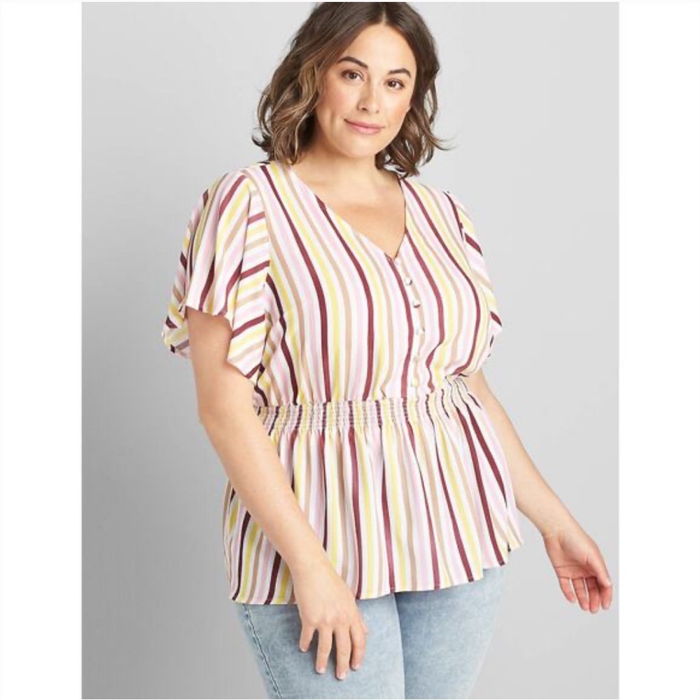Lane Bryant V Neck Striped Babydoll Blouse with Flitter Sleeves Size 18.